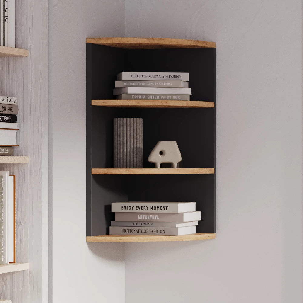 Close-up van Hoekplank in Antraciet/gouden eik, met textuur/details