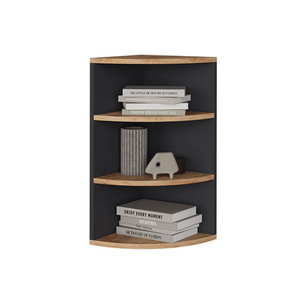 Hoekplank in Antraciet/gouden eik op een witte achtergrond met decoratieve elementen