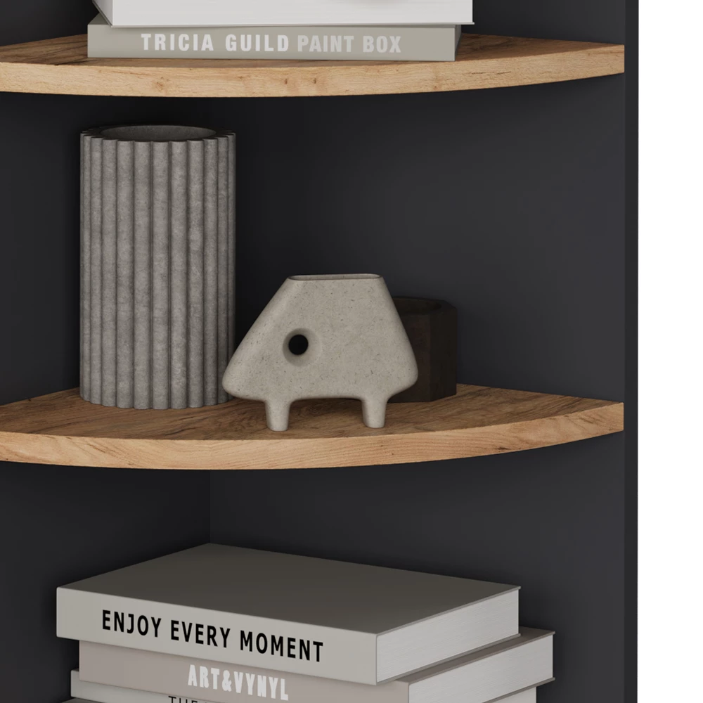 Close-up van Hoekplank in Antraciet/gouden eik, met ontwerp- en oppervlakte-details