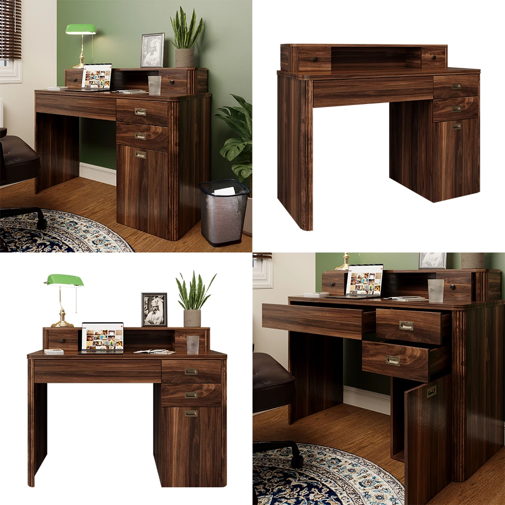 Schreibtisch in Eiche rustikal auf weißem Hintergrund mit dekorativen Elementen