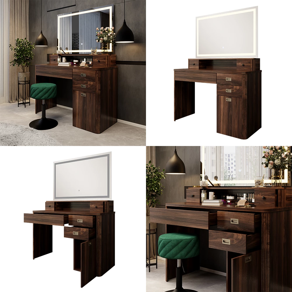 Vicco Coiffeuse Chêne rustique 120cm avec miroir LED, Neria