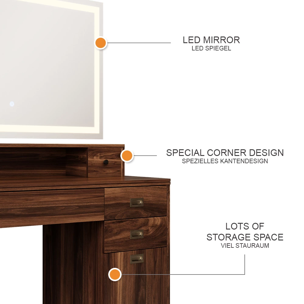 Vicco Coiffeuse Chêne rustique 120cm avec miroir LED, Neria