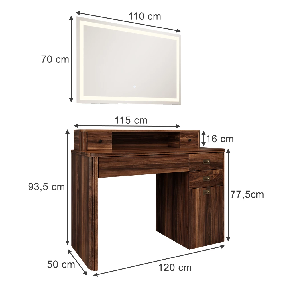 Vicco Coiffeuse Chêne rustique 120cm avec miroir LED, Neria