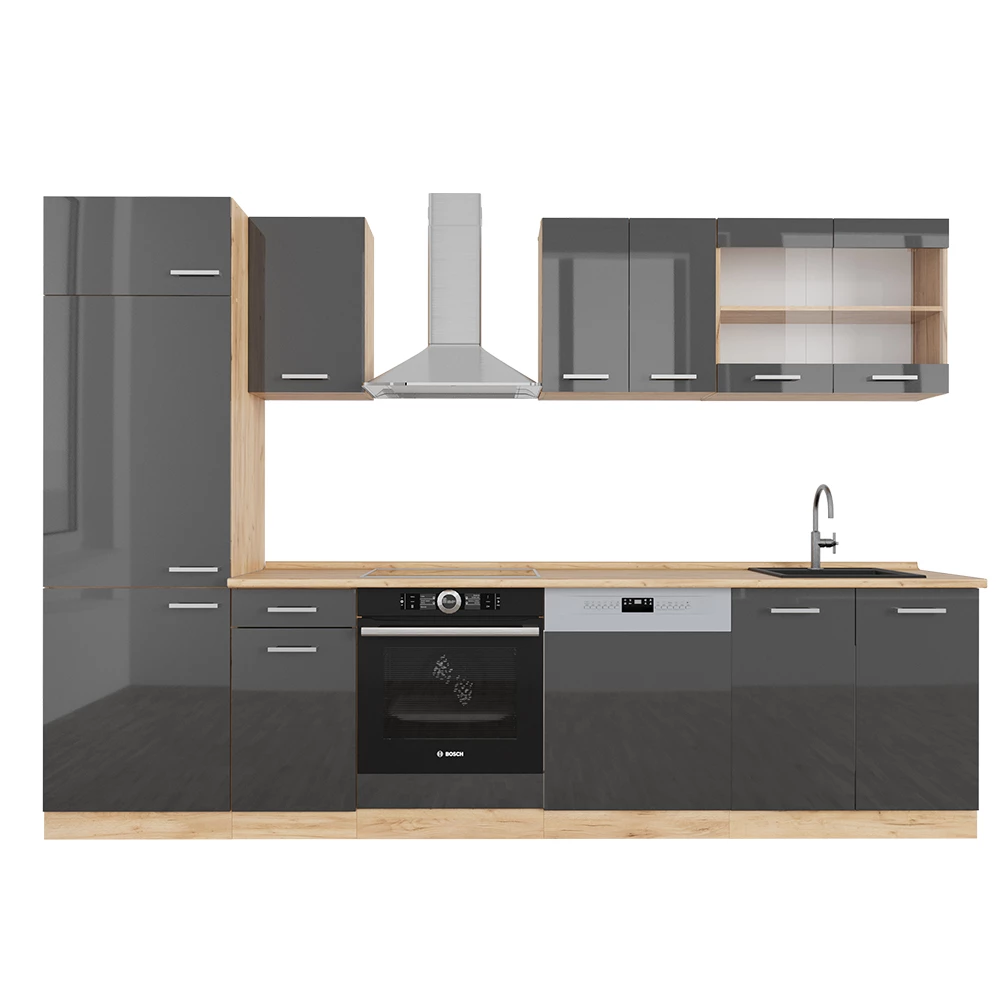 Vicco Küchenzeile Anthrazit Hochglanz/Goldkraft Eiche 300 cm ohne Arbeitsplatte, R-Line