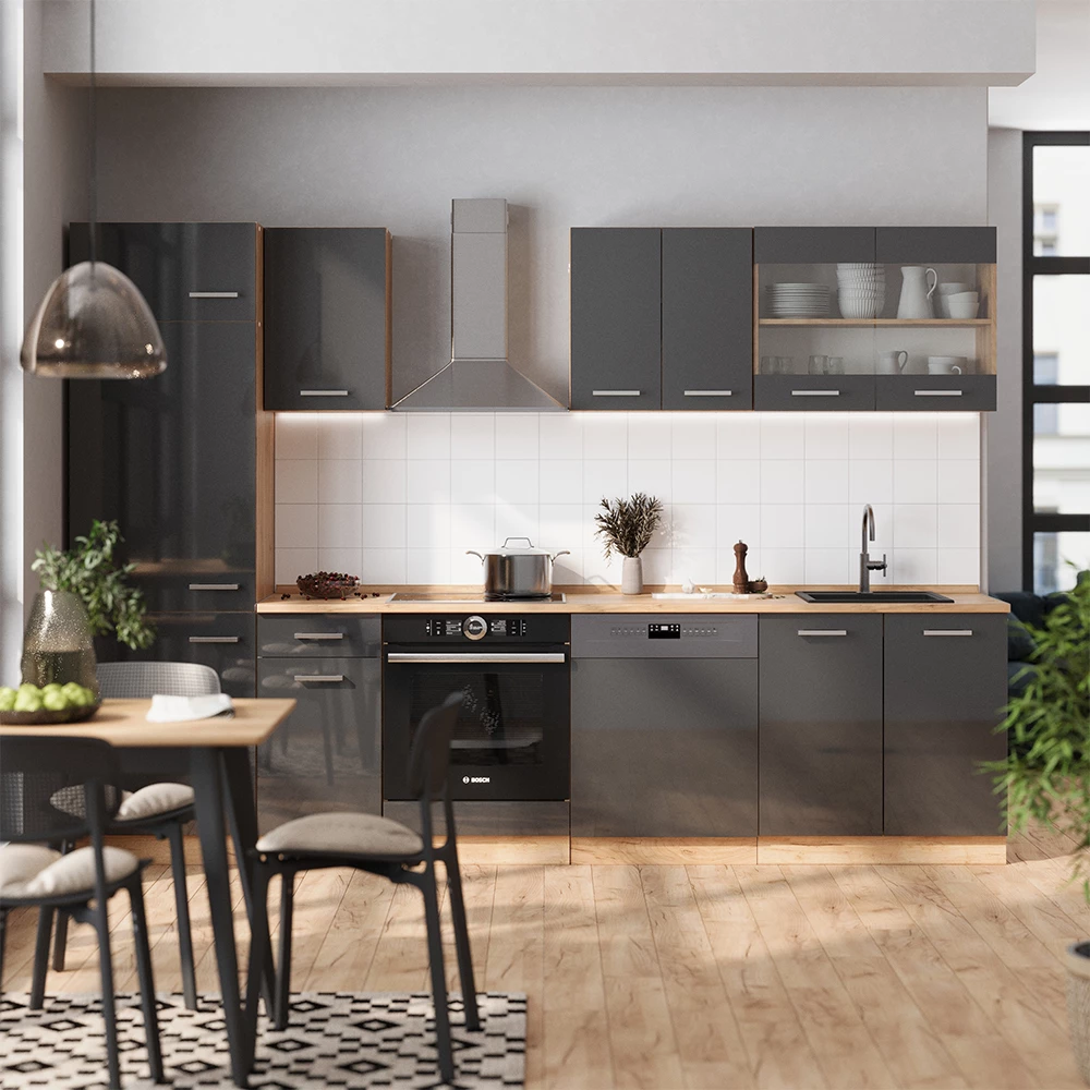 Vicco Küchenzeile Anthrazit Hochglanz/Goldkraft Eiche 300 cm ohne Arbeitsplatte, R-Line