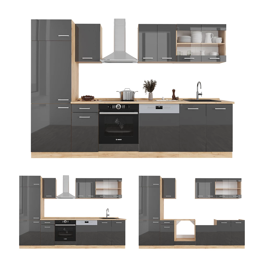 Vicco Cuisine Anthracite brillant/Chêne doré 300cm sans PT, R-Line