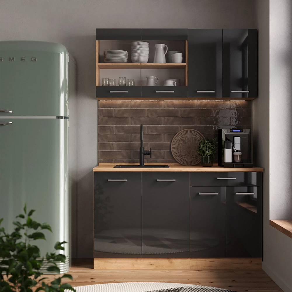 Vicco Cocina para solteros Antracita brillo intenso/roble dorado eléctrico 140 cm sin encimera, R-Line