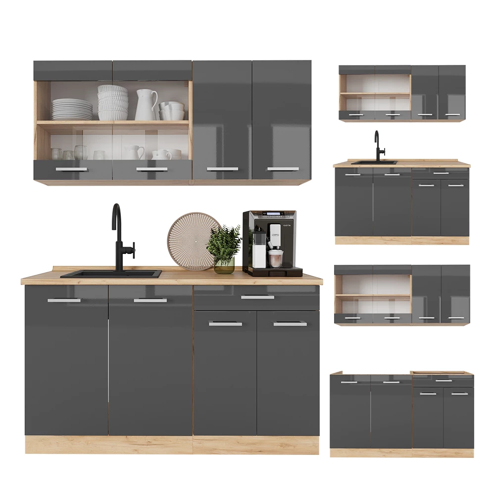 Vicco Cocina para solteros Antracita brillo intenso/roble dorado eléctrico 140 cm sin encimera, R-Line