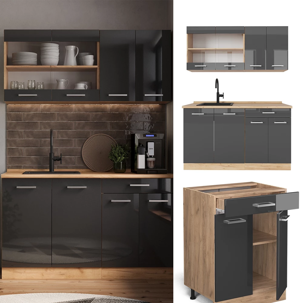 Vicco Cocina para solteros Antracita brillo intenso/roble dorado eléctrico 140 cm sin encimera, R-Line