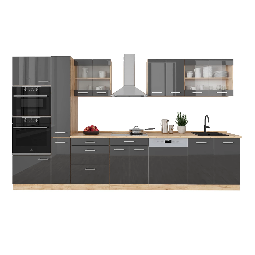 Vicco Küchenzeile Anthrazit Hochglanz/Goldkraft Eiche 350 cm mit Hochschrank, ohne Arbeitsplatte, R-Line