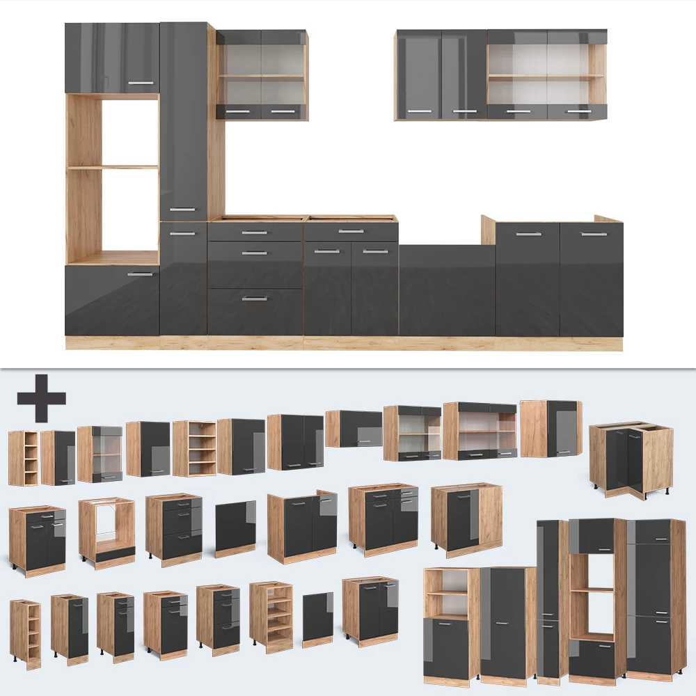 Vicco Küchenzeile Anthrazit Hochglanz/Goldkraft Eiche 350 cm mit Hochschrank, ohne Arbeitsplatte, R-Line