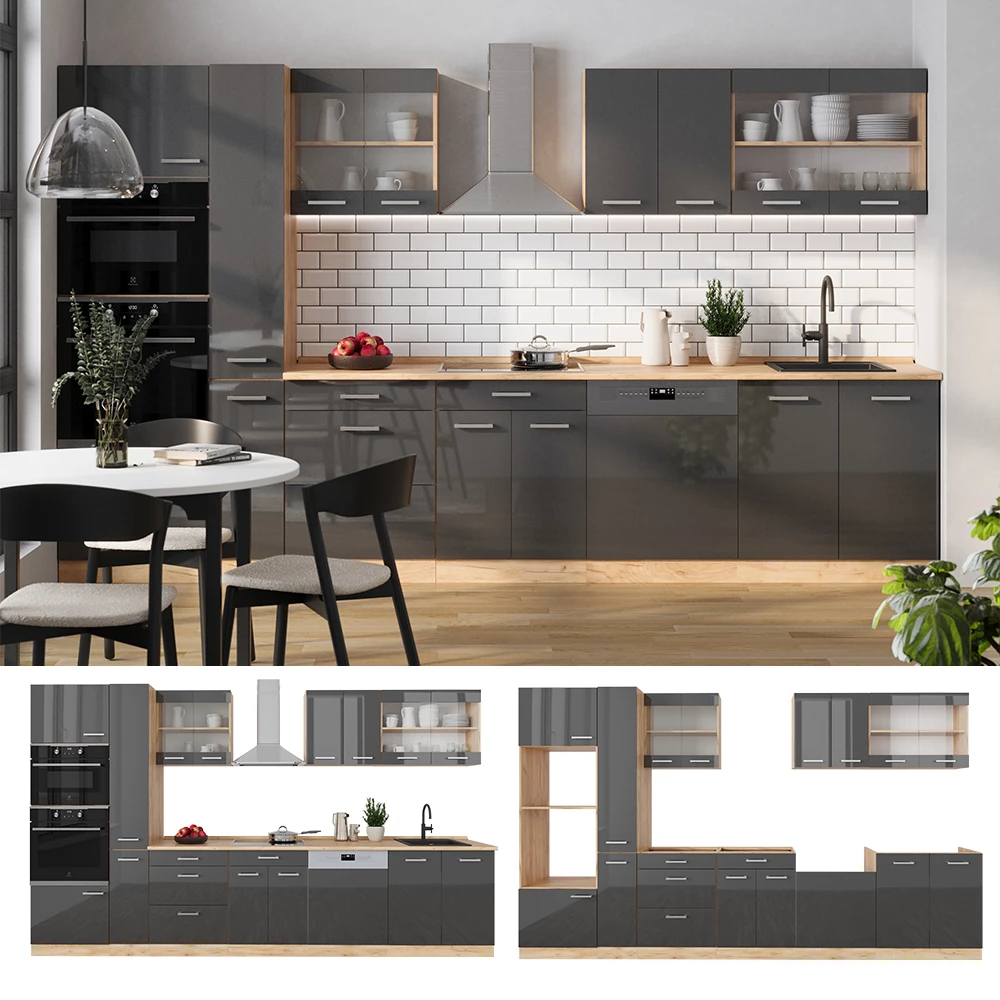 Vicco Küchenzeile Anthrazit Hochglanz/Goldkraft Eiche 350 cm mit Hochschrank, ohne Arbeitsplatte, R-Line