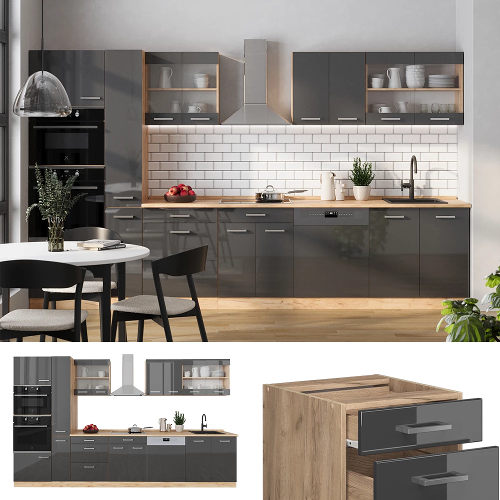 Vicco Küchenzeile Anthrazit Hochglanz/Goldkraft Eiche 350 cm mit Hochschrank, ohne Arbeitsplatte, R-Line