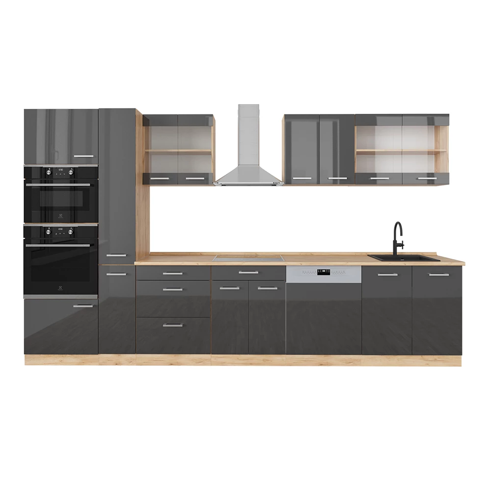 Vicco Küchenzeile Anthrazit Hochglanz/Goldkraft Eiche 350 cm mit Hochschrank, ohne Arbeitsplatte, R-Line