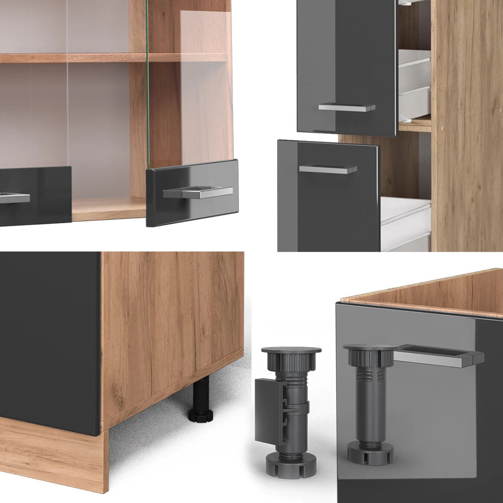Vicco Küchenzeile Anthrazit Hochglanz/Goldkraft Eiche 350 cm mit Hochschrank, ohne Arbeitsplatte, R-Line