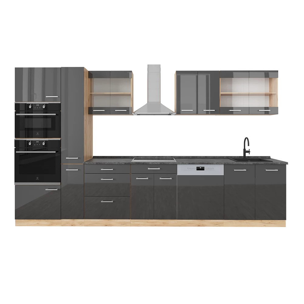 Vicco Zabudowa kuchenna Antracytowy wysoki połysk/złoty dąb power 350 cm z wysoką szafką, BP Antracyt, R-Line