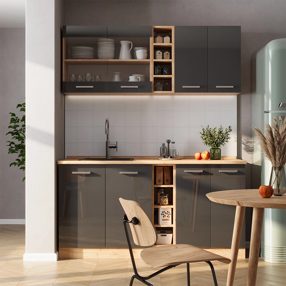 Vicco Singleküche Anthrazit Hochglanz/Goldkraft Eiche 160 cm ohne Arbeitsplatte, R-Line