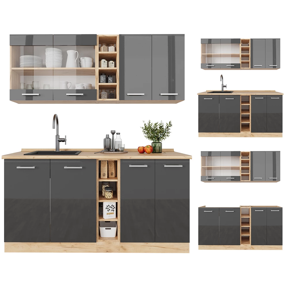 Vicco Eenpersoonskeuken Antraciet hoogglans/goud eiken 160 cm zonder werkblad, R-Line
