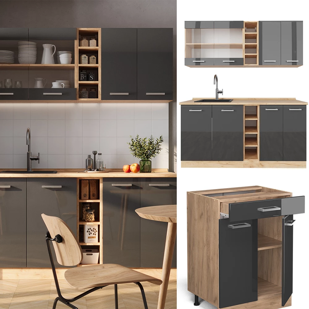 Vicco Eenpersoonskeuken Antraciet hoogglans/goud eiken 160 cm zonder werkblad, R-Line