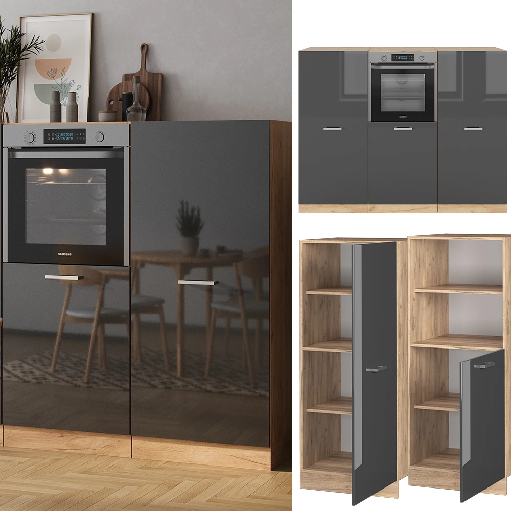 Vicco Keukenblok Antraciet hoogglans/goud eiken 180 cm zonder werkblad, R-Line