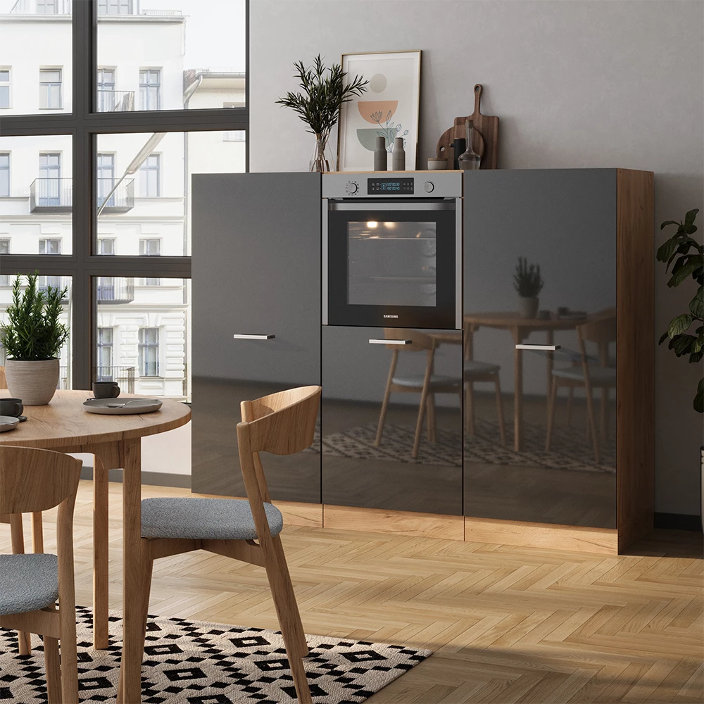 Vicco Cucine componibili piccole Antracite lucido/oro power oak 180 cm senza piano di lavoro, R-Line