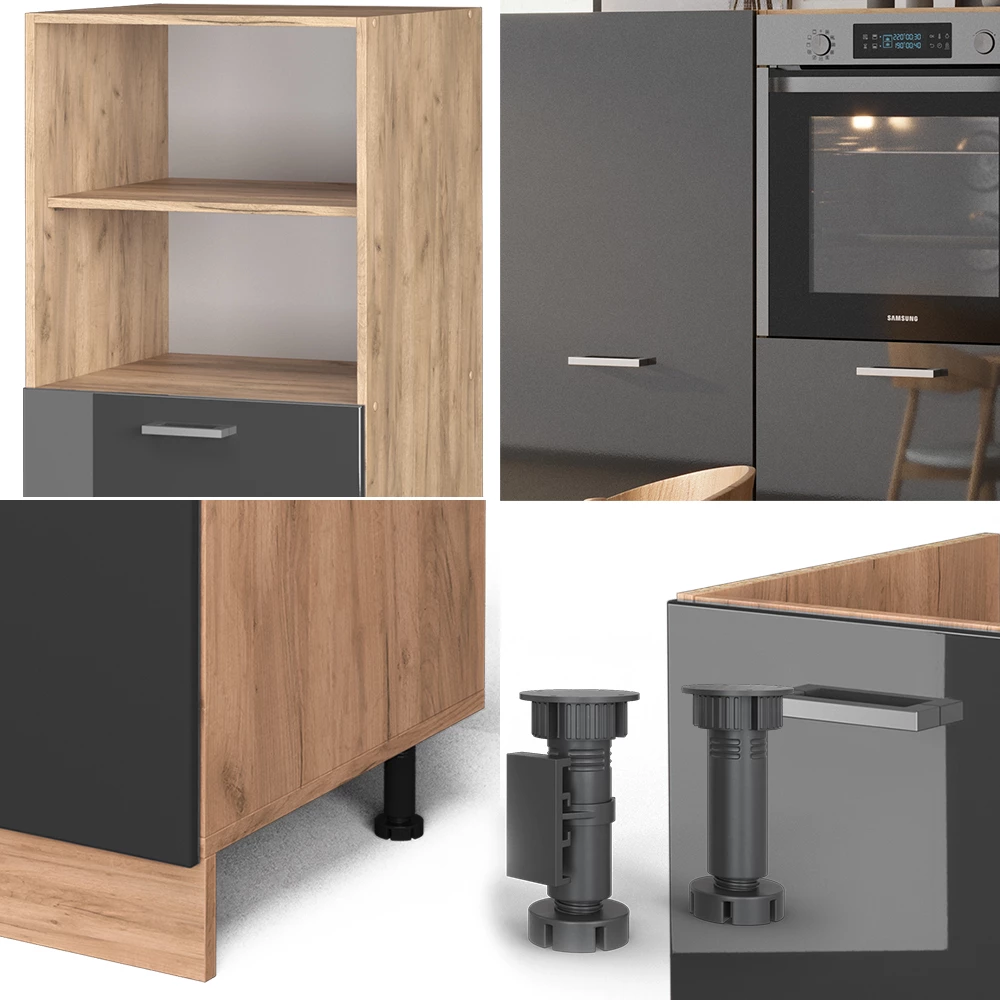Vicco Keukenblok Antraciet hoogglans/goud eiken 180 cm zonder werkblad, R-Line