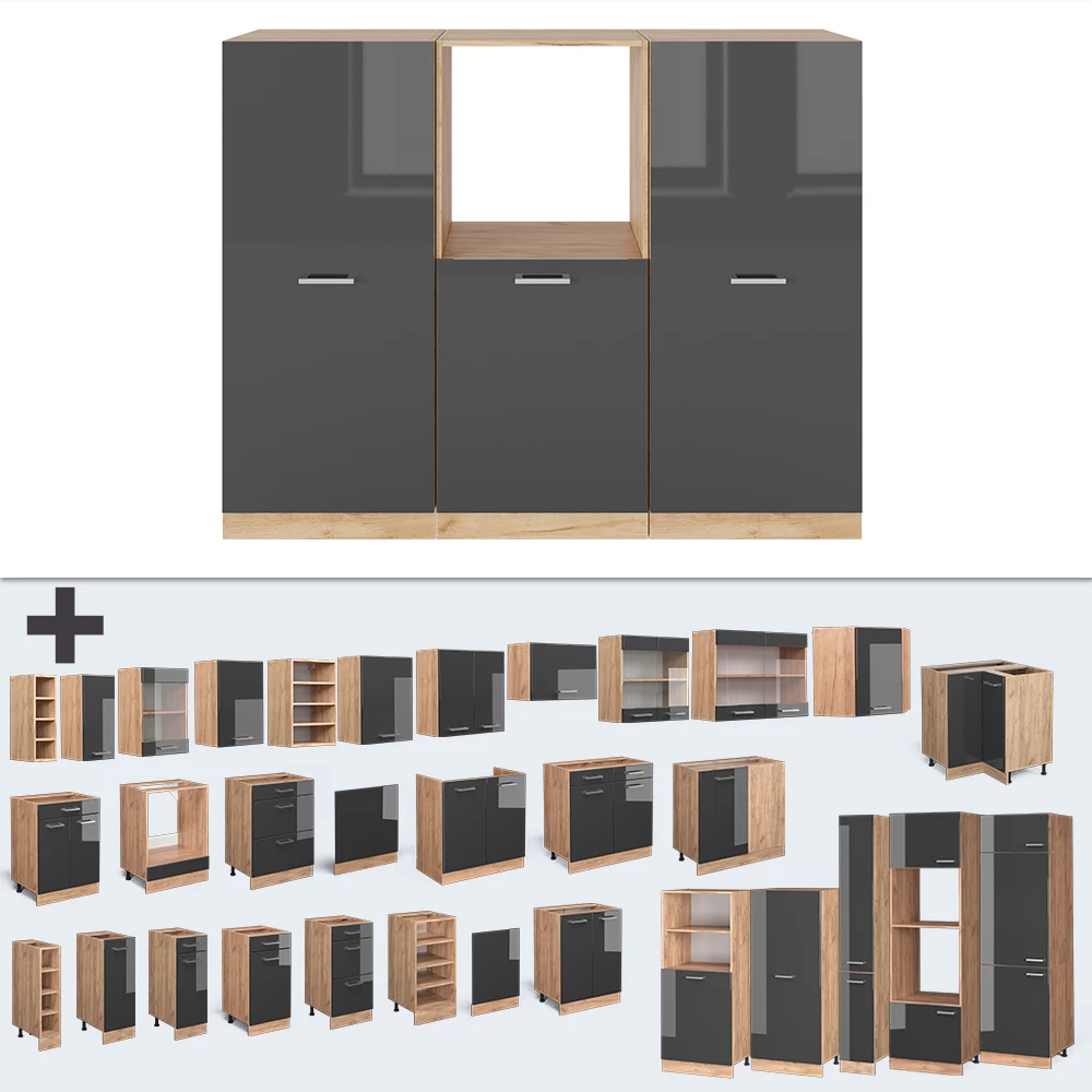 Vicco Keukenblok Antraciet hoogglans/goud eiken 180 cm zonder werkblad, R-Line