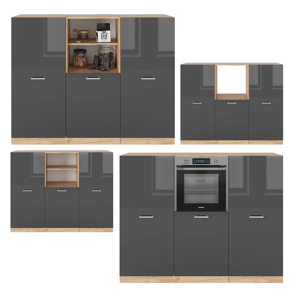 Vicco Keukenblok Antraciet hoogglans/goud eiken 180 cm zonder werkblad, R-Line