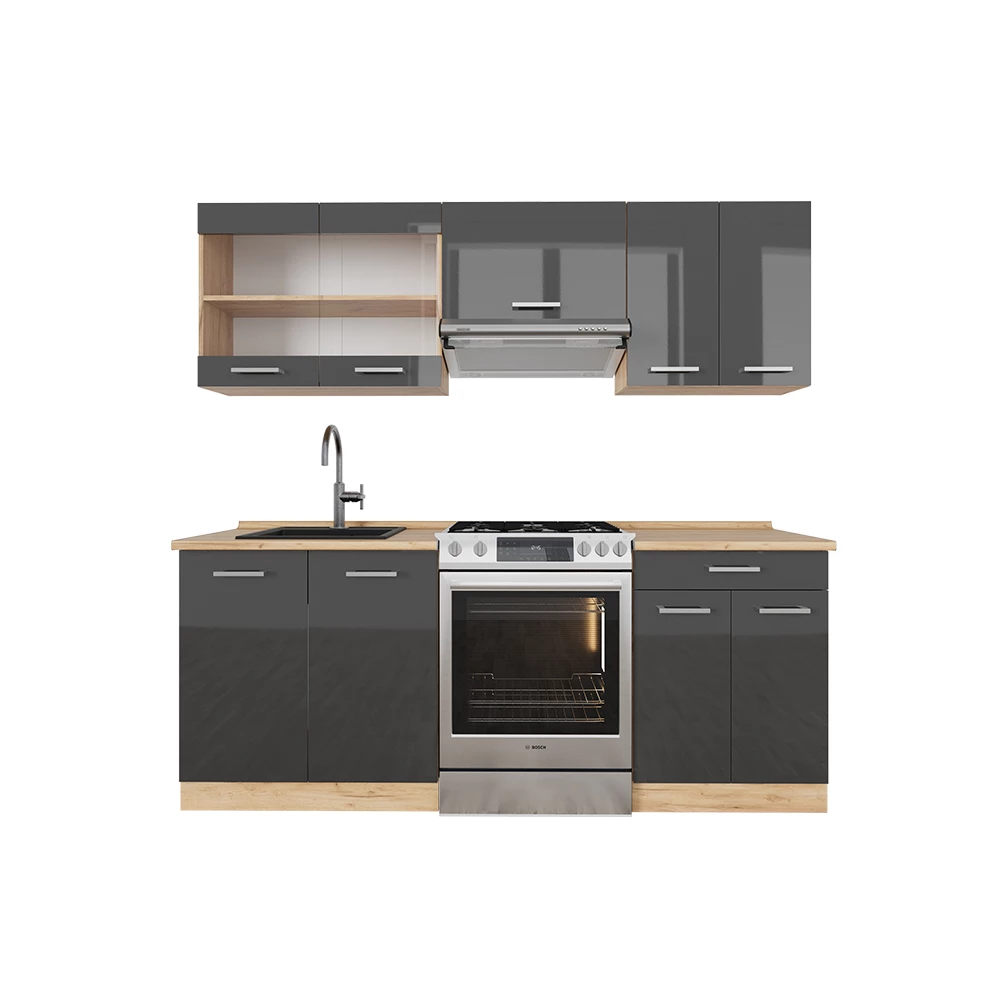 Vicco Cuisine Anthracite brillant/Chêne doré 200cm sans PT, R-Line