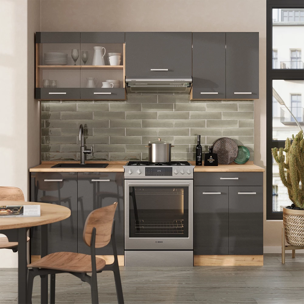 Vicco Cuisine Anthracite brillant/Chêne doré 200cm sans PT, R-Line