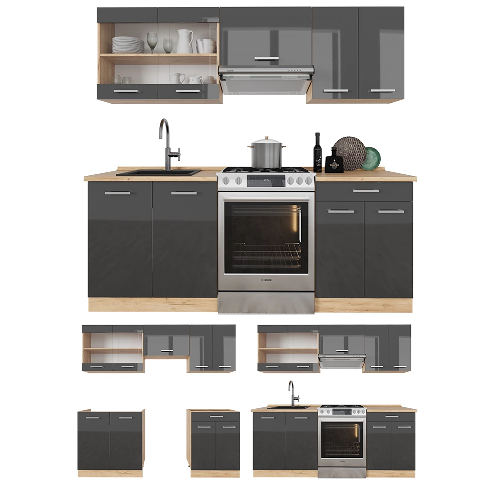 Vicco Cuisine Anthracite brillant/Chêne doré 200cm sans PT, R-Line