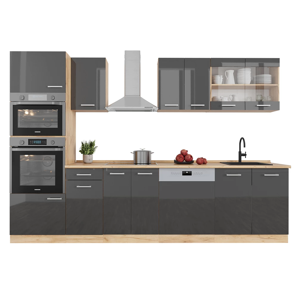 Vicco Küchenzeile Anthrazit Hochglanz/Goldkraft Eiche 300 cm mit Hochschrank, ohne Arbeitsplatte, R-Line