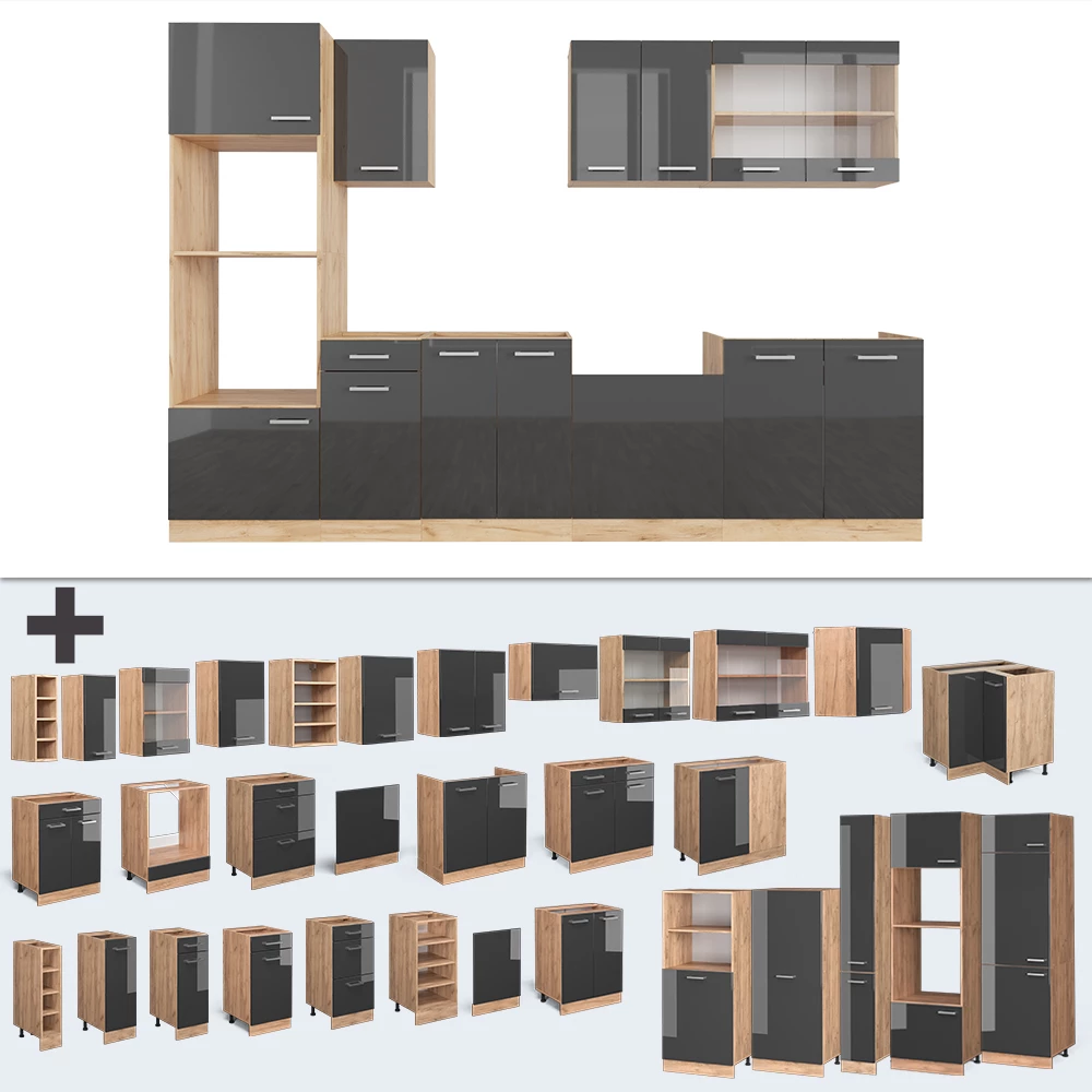 Vicco Küchenzeile Anthrazit Hochglanz/Goldkraft Eiche 300 cm mit Hochschrank, ohne Arbeitsplatte, R-Line