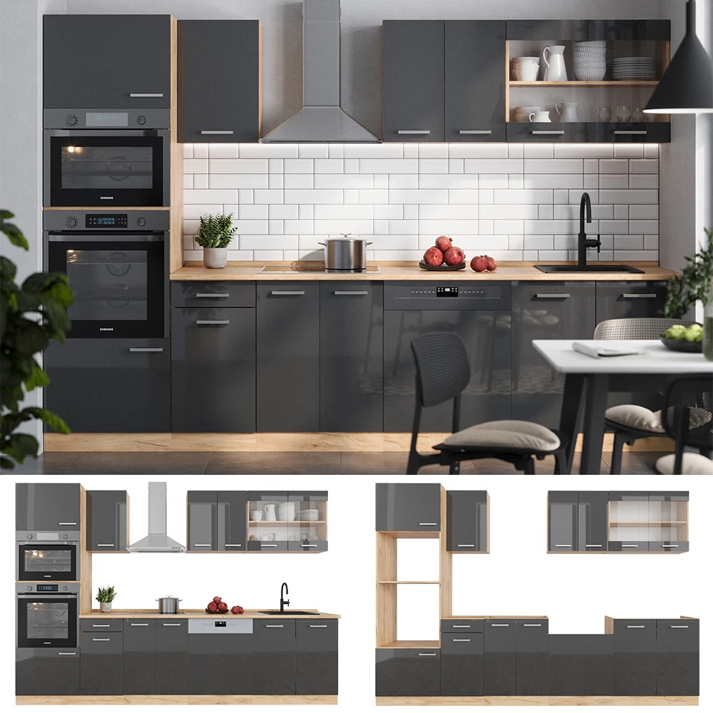Vicco Küchenzeile Anthrazit Hochglanz/Goldkraft Eiche 300 cm mit Hochschrank, ohne Arbeitsplatte, R-Line