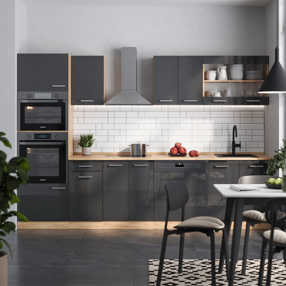 Vicco Küchenzeile Anthrazit Hochglanz/Goldkraft Eiche 300 cm mit Hochschrank, ohne Arbeitsplatte, R-Line