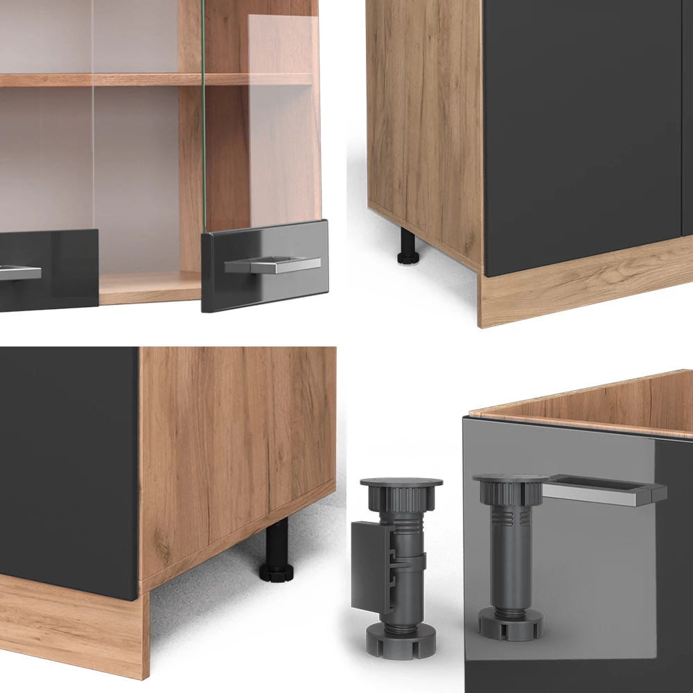 Vicco Küchenzeile Anthrazit Hochglanz/Goldkraft Eiche 300 cm mit Hochschrank, ohne Arbeitsplatte, R-Line