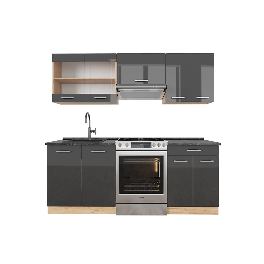 Čajna kuhinja u boji Anthracite high gloss / gold power oak na bijeloj pozadini