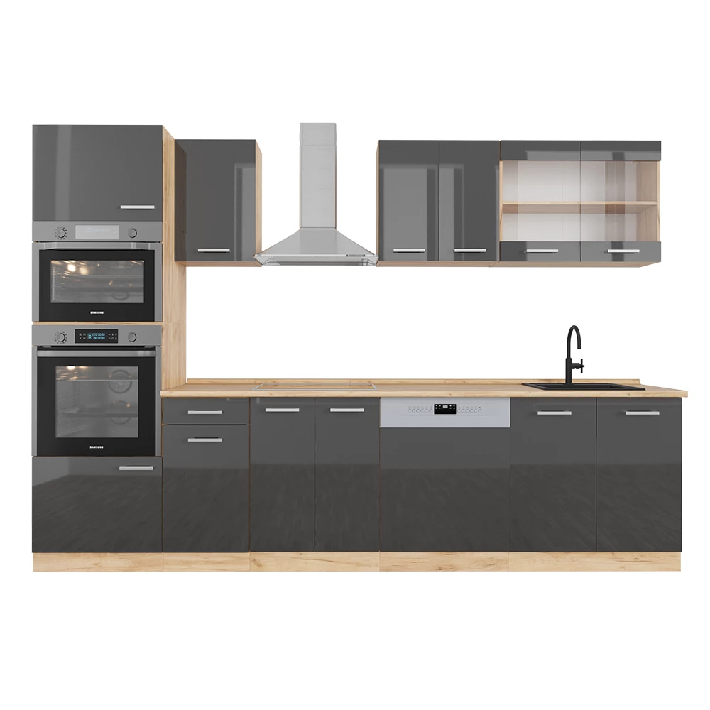 Vicco Küchenzeile Anthrazit Hochglanz/Goldkraft Eiche 300 cm mit Hochschrank, ohne Arbeitsplatte, R-Line