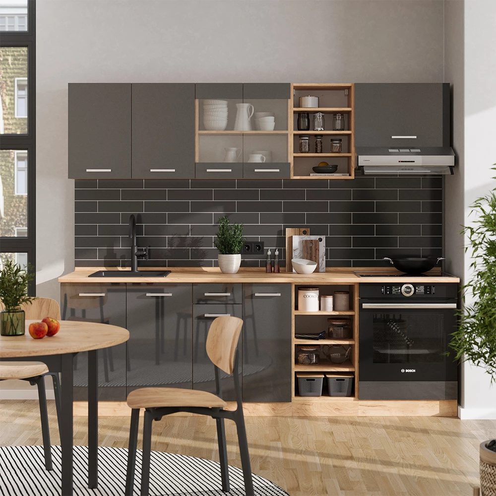 Vicco Cuisine Anthracite brillant/Chêne doré 240cm sans PT, R-Line