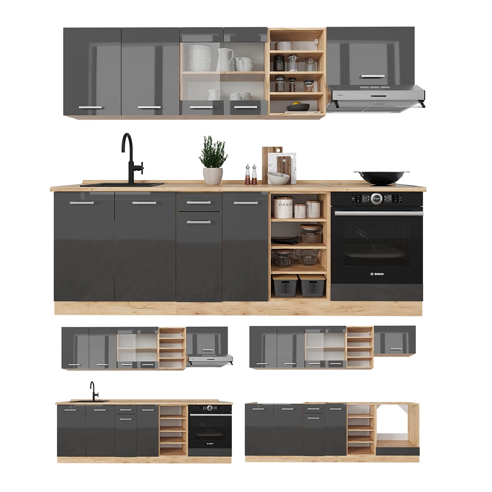 Vicco Cuisine Anthracite brillant/Chêne doré 240cm sans PT, R-Line