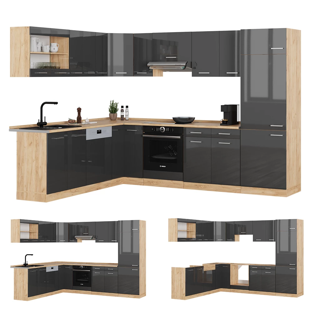 Vicco Cuisine en angle Anthracite brillant/Chêne doré 227x287cm sans PT, R-Line