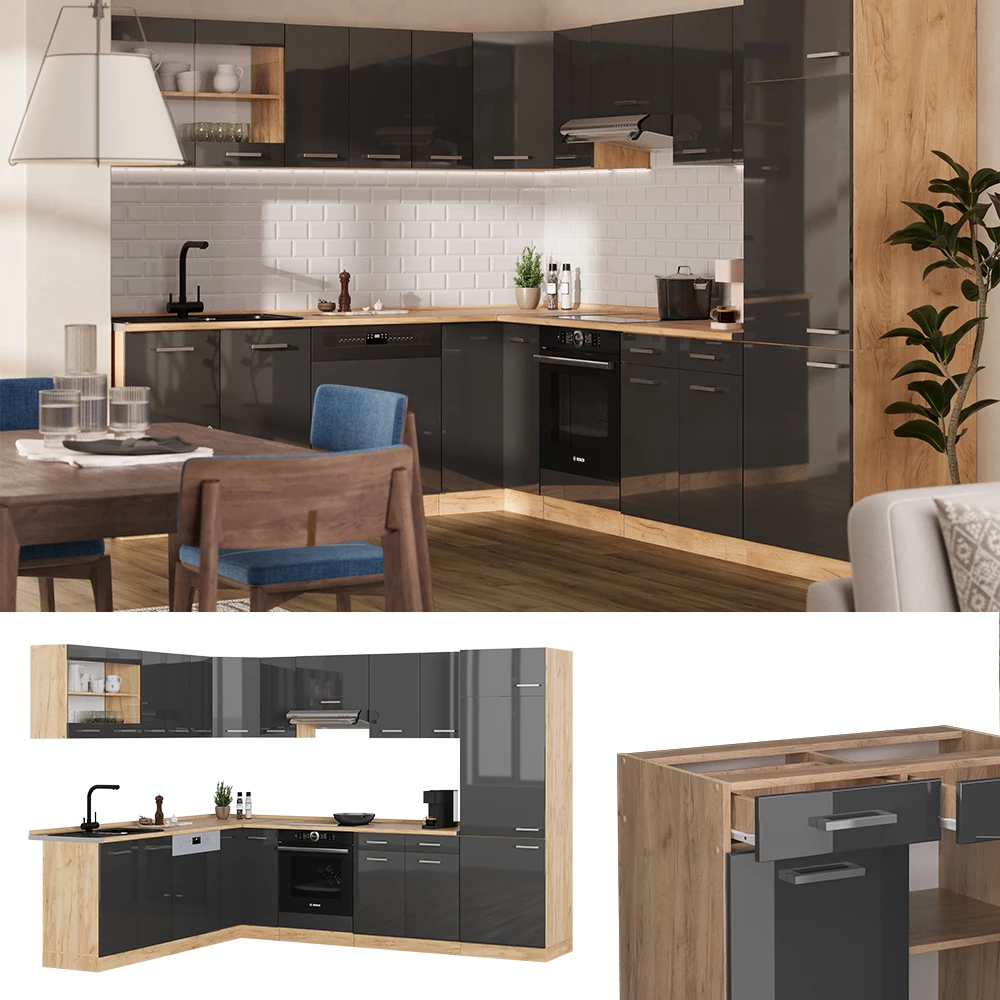 Vicco Cuisine en angle Anthracite brillant/Chêne doré 227x287cm sans PT, R-Line