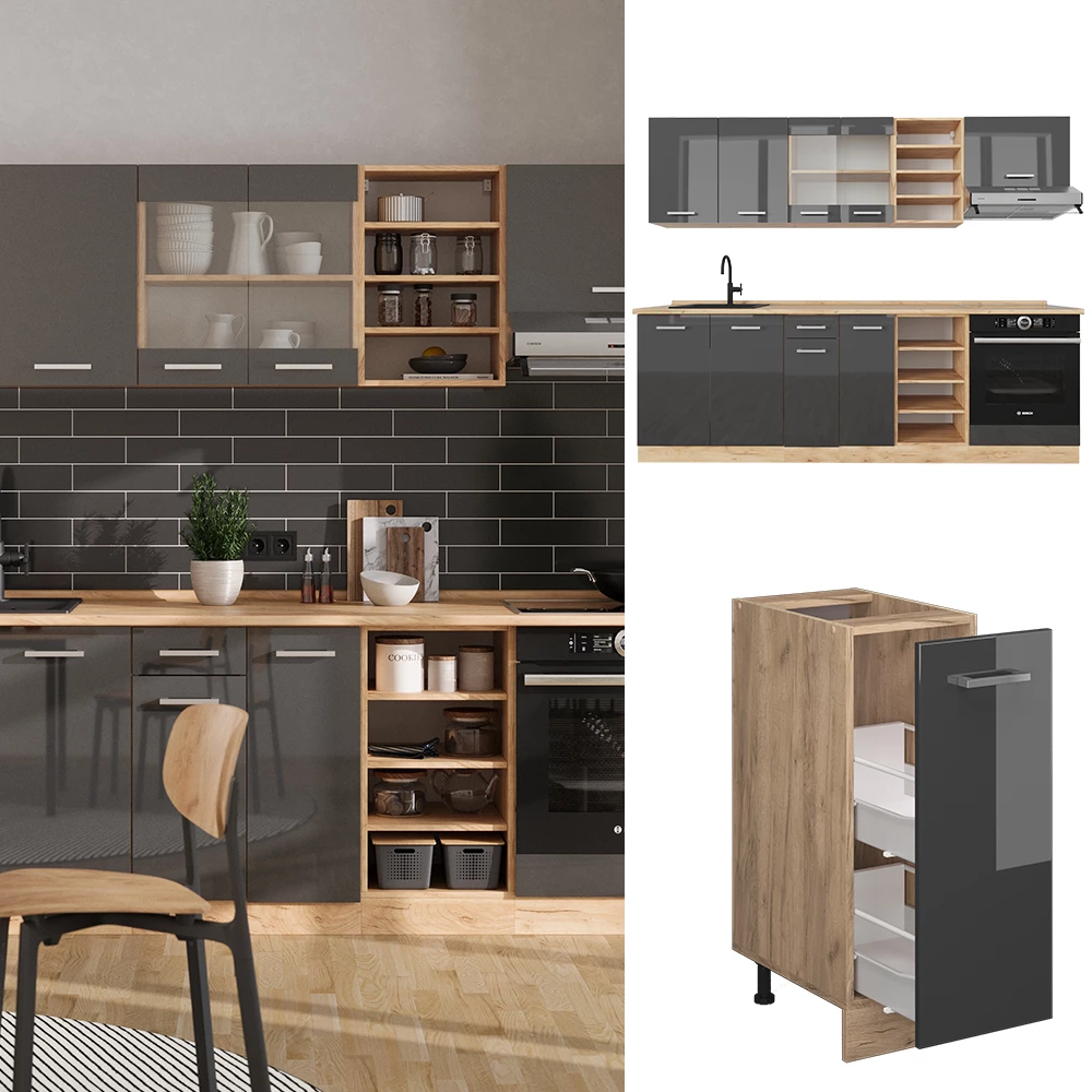 Vicco Cuisine Anthracite brillant/Chêne doré 240cm sans PT, R-Line