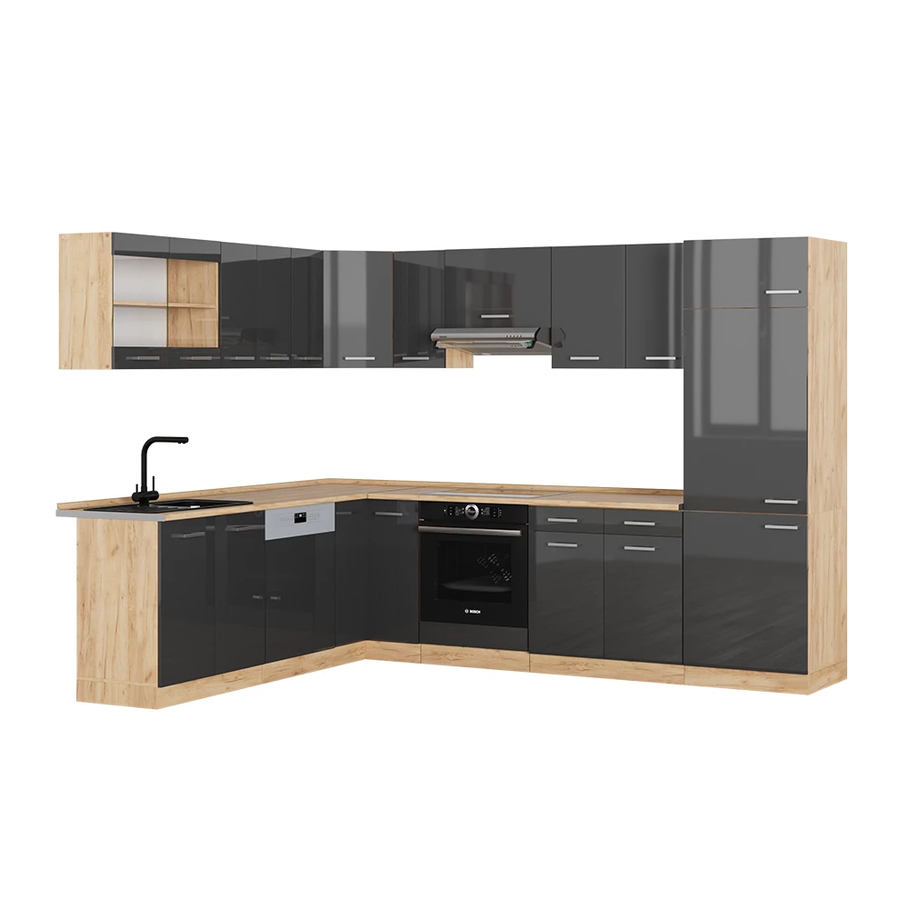 Vicco Eckküche Anthrazit Hochglanz/Goldkraft Eiche 227 x 287 cm ohne Arbeitsplatte, R-Line