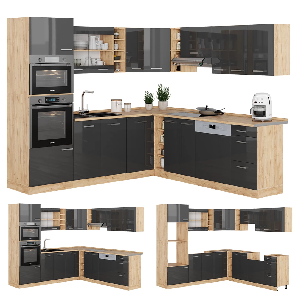 livinity® Eckküche Anthrazit Hochglanz/Goldkraft Eiche 237 x 60 cm ohne Arbeitsplatte, R-Line