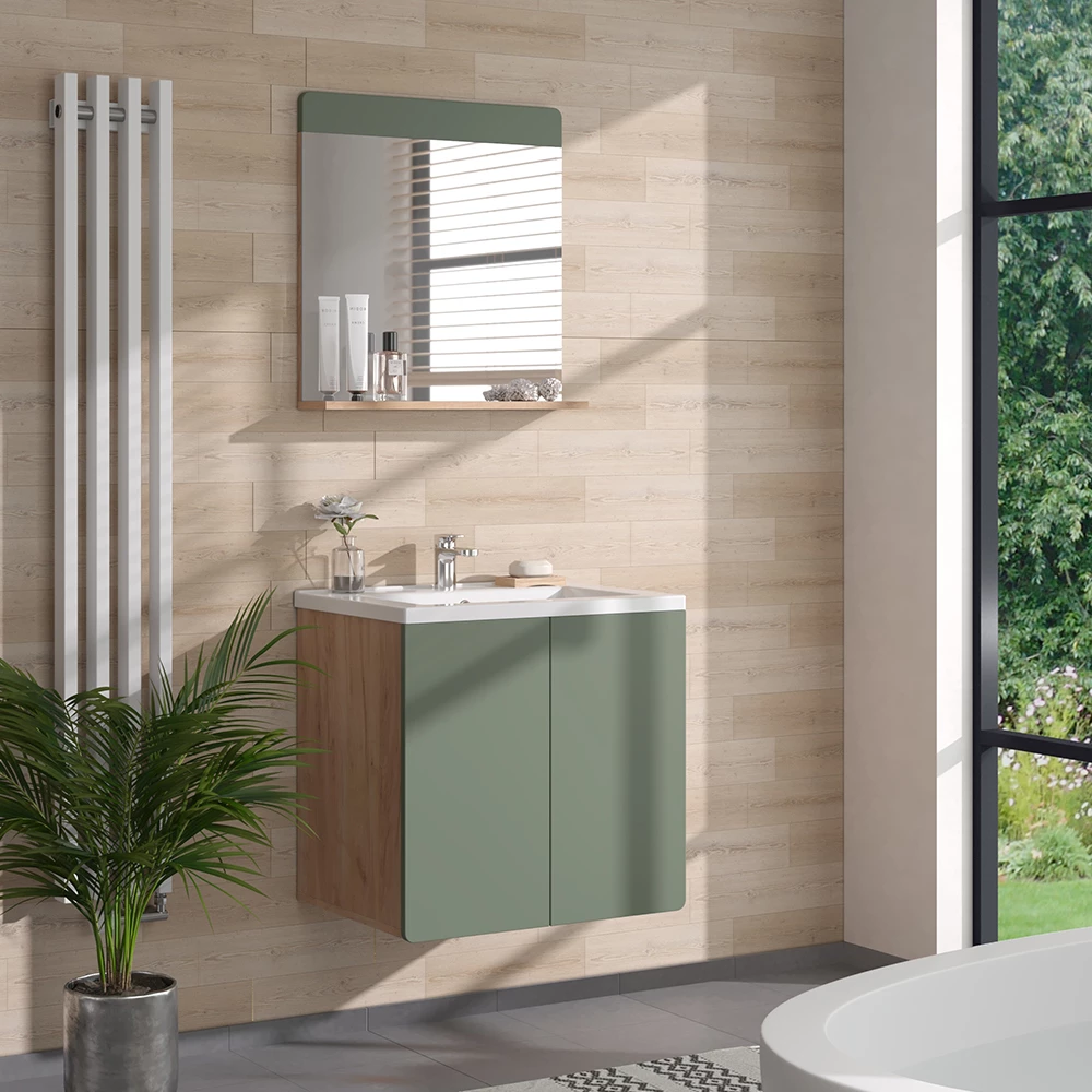 Vicco Badezimmerspiegel Grün/Goldkraft Eiche 60 x 62 cm mit Ablage, Izan