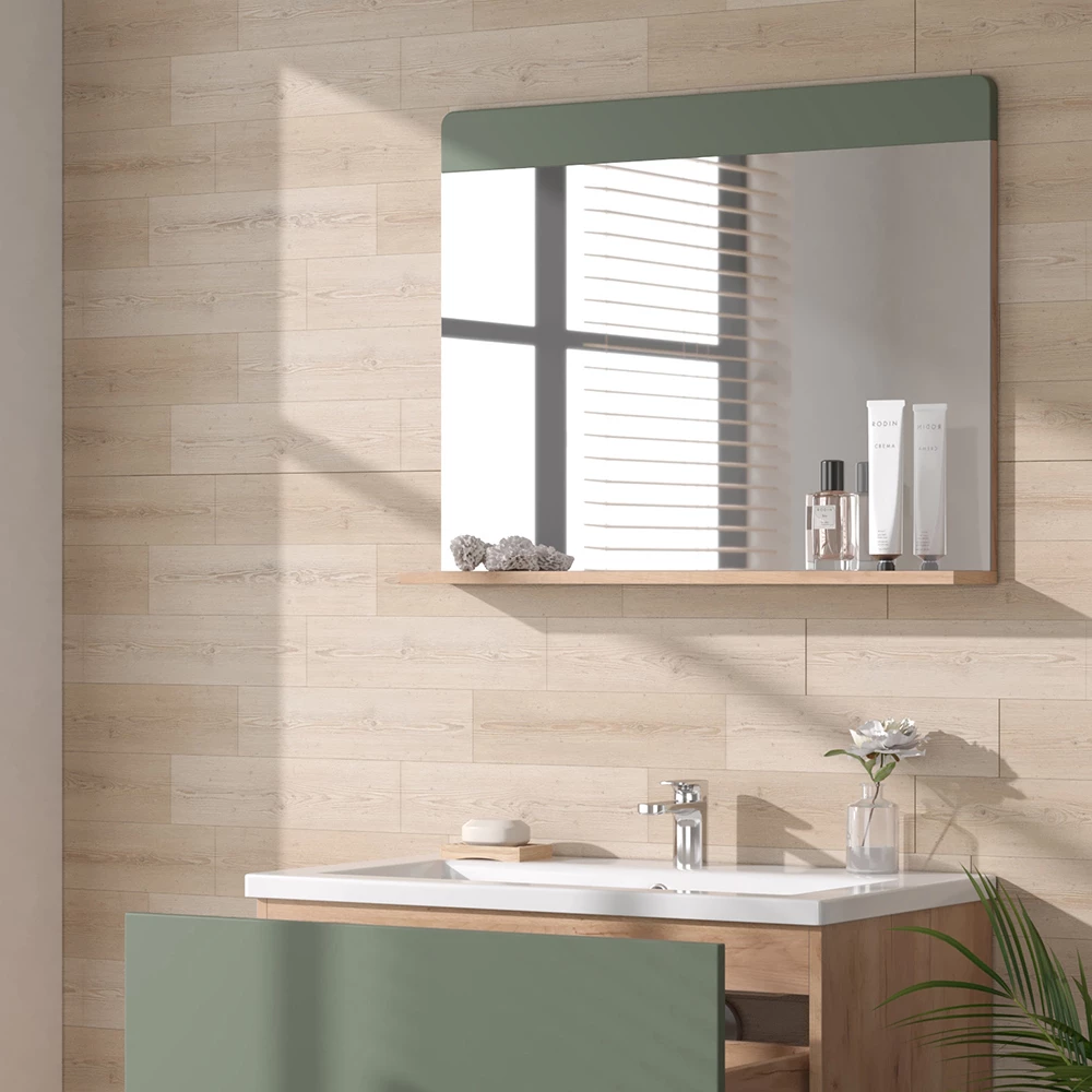 Vicco Badezimmerspiegel Goldkraft Eiche/Grün 80.1 x 62 cm mit Ablage, Izan