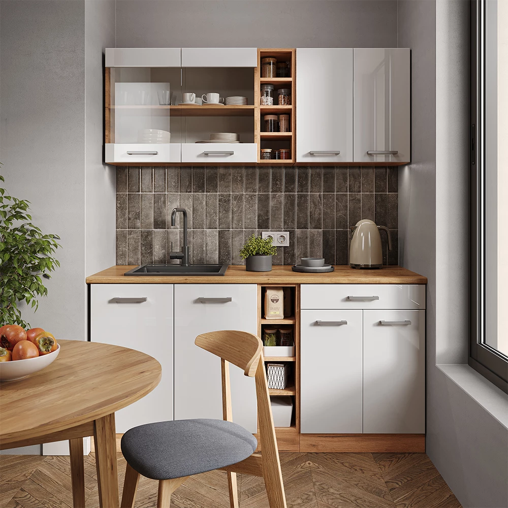 Keukenrek in Krachtige eik goud on white background with decorative elements