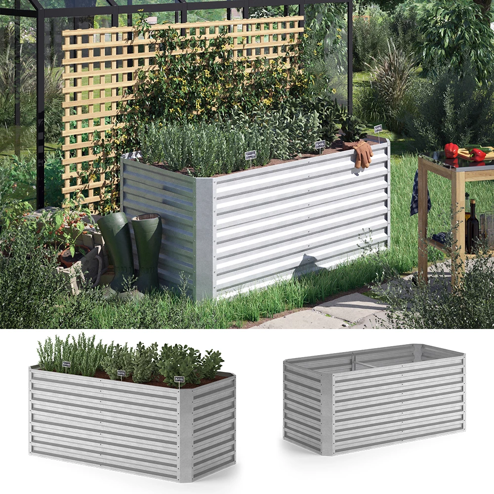 Ok-Living Hochbeet Kräuterbeet Gemüsebeet rechteckig 180x90x80cm (LxBxH) silber Pflanzkasten Frühbeet Aufzucht Beet Garten
