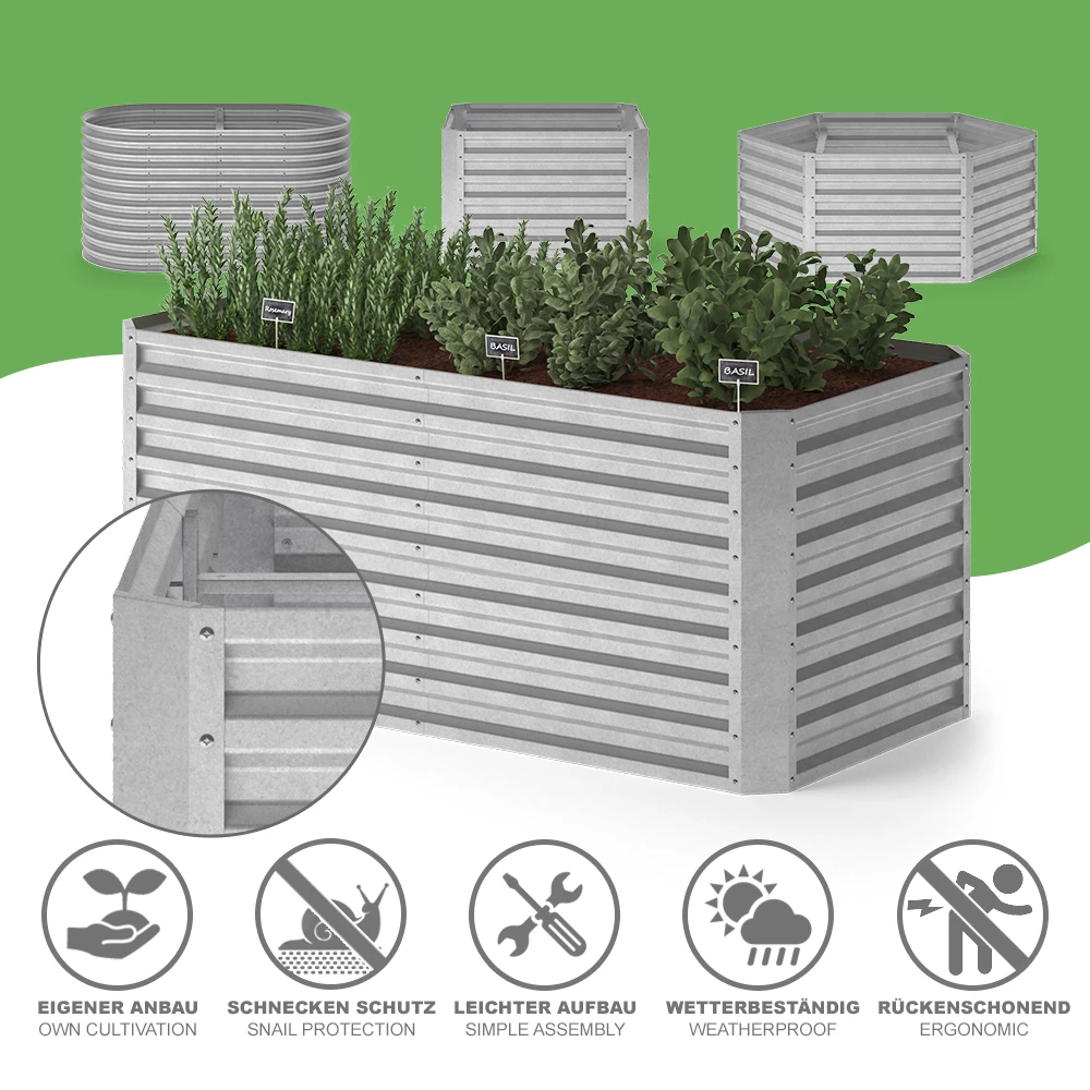 ok-Living Hochbeet Kräuterbeet Gemüsebeet rechteckig 180x90x80cm (LxBxH) silber Pflanzkasten Frühbeet Aufzucht Beet Garten